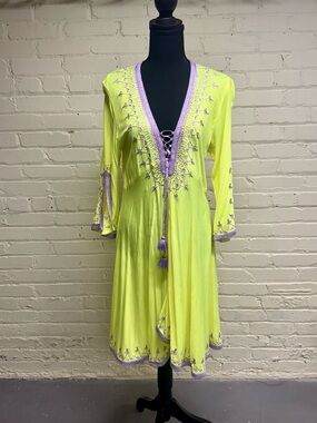 Neon Yellow & Lavender Metallic Embroidered Boho Short Caftan/Cover-up, Size M